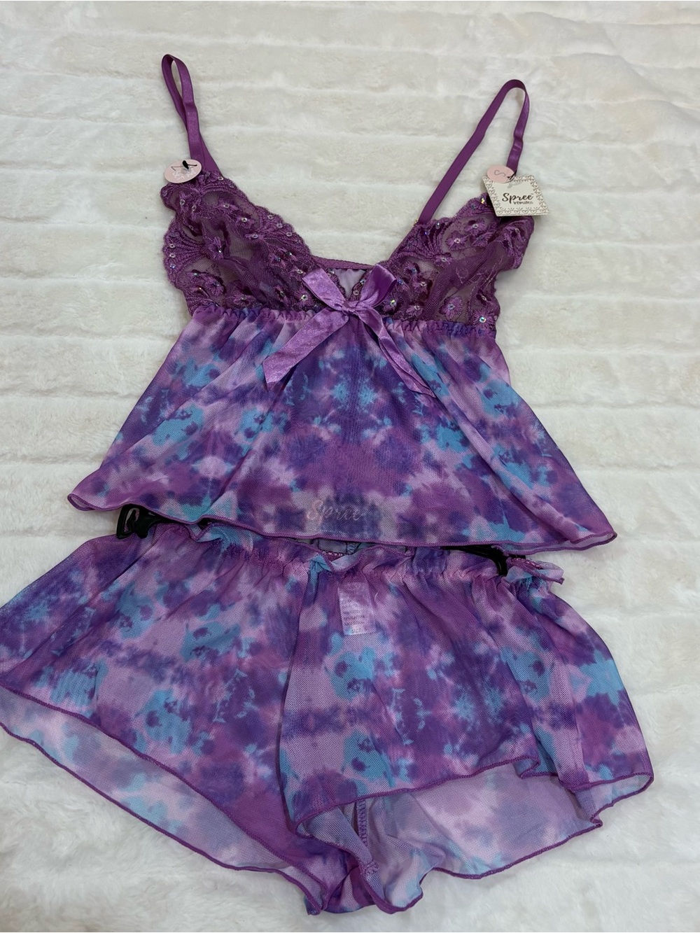 Lace-Trim Tie-Dye Cami & Short Pajama Set - Purple